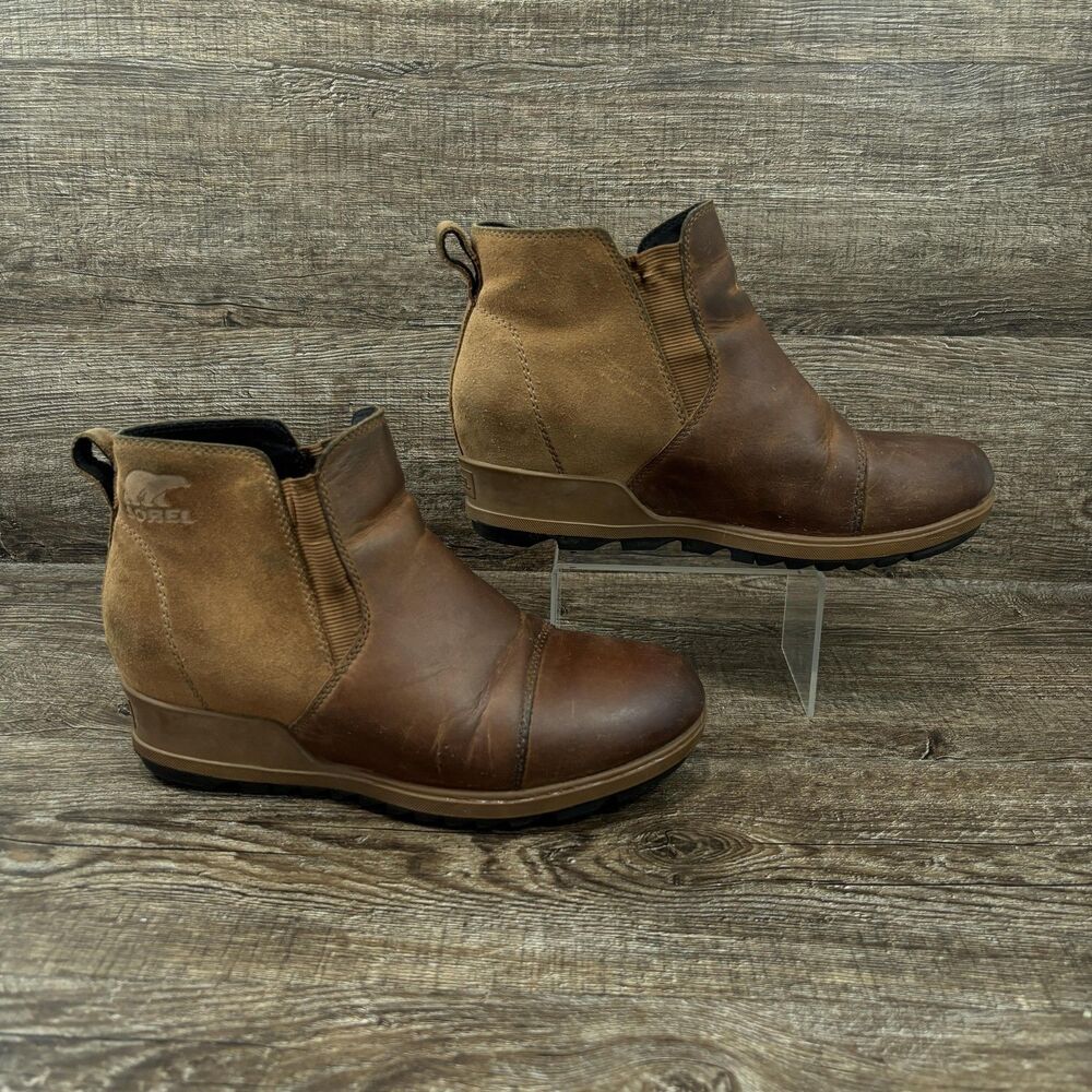 Sorel Chelsea Wedge Ankle Boots Women's 7.5 Brown Leather Lined NL3816-242